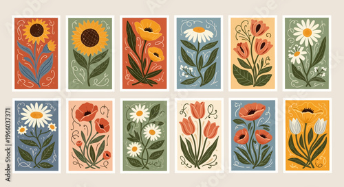 Vintage floral prints with hand-drawn botanical design in retro colors