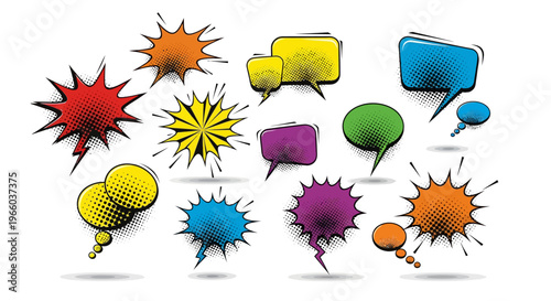 Vibrant comic style speech bubbles with pop art halftone effect
