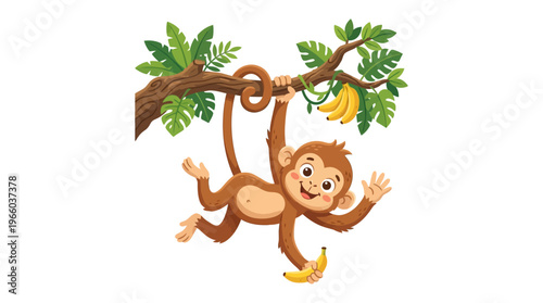 Monkey hanging from tree branch smiling.