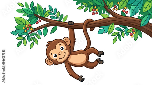 Monkey hanging from tree branch upside down.