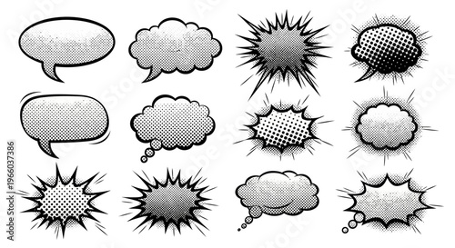 Comic book speech and thought bubbles in halftone style for dynamic designs