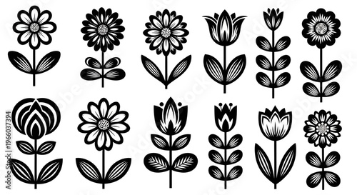 Decorative floral silhouettes: black and white bloom patterns for design