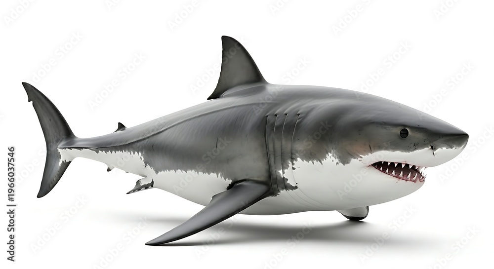 Fototapeta premium A powerful great white shark with its mouth slightly open, revealing sharp teeth, isolated on white.