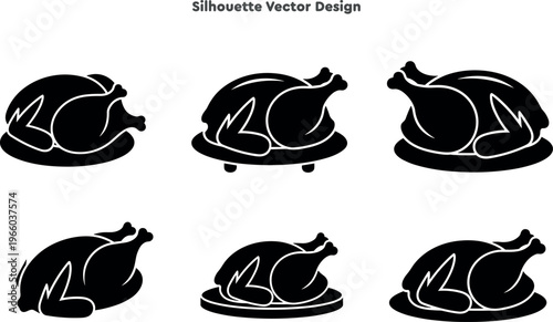 Silhouette set of roasted turkey and cooked chicken dinner. Vector set of Thanksgiving holiday food and poultry meal symbols. Meat dish graphics for menu. Professional vector illustration