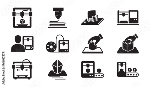 3D printing icons set: manufacturing, technology, and innovation