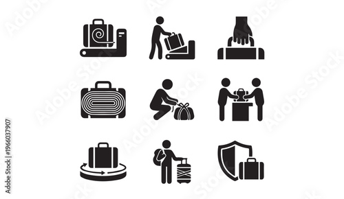 Travel luggage and airport icon set with check in with conveyor belt with x ray