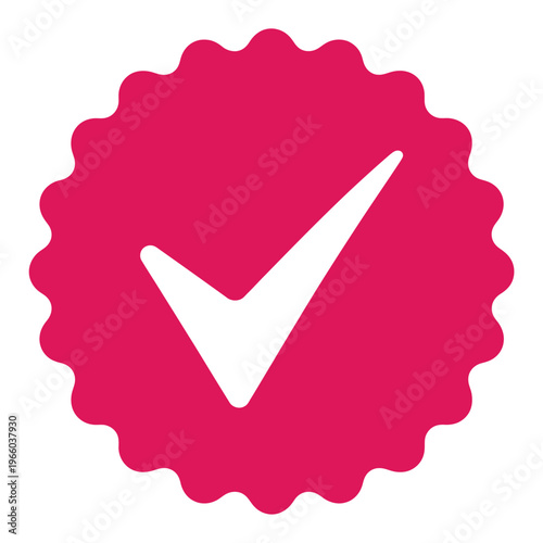 A vibrant pink circular badge featuring a prominent white checkmark symbol within its center high quality