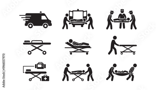 Ambulance and medical transport icons with first aid with medical kit