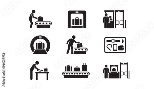 Airport security checkpoint baggage icons with conveyor belt with x ray