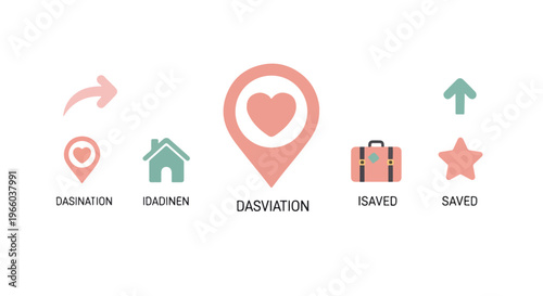 Flat lay of travel and navigation icons on a white background with pink and green graphics.