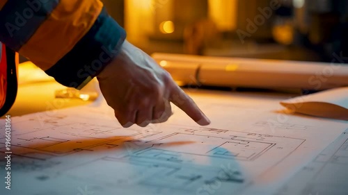 Hand Pointing At Blueprint On Table With Architectural Drawings And Tools