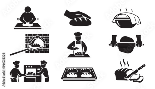 Baking process icons: bread making and pastry