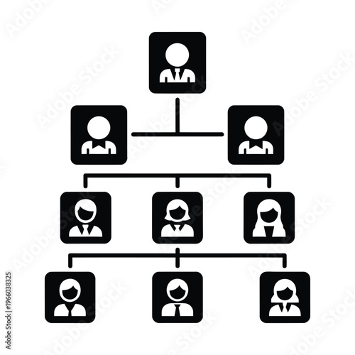 Black and white icon illustration of a hierarchical organizational chart showing a pyramid structure of connected people.
