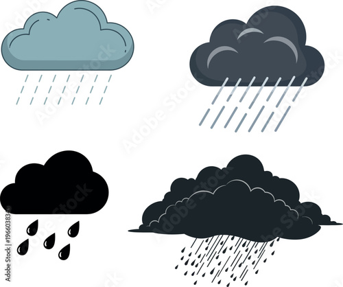 A comprehensive weather icon set featuring vector illustrations of the sun, clouds, rain, and snow symbols for meteorology forecast design and climate apps