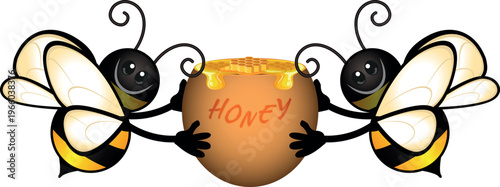 Busy Cartoon Bees With Honey. cartoonish bees holding a pot of honey