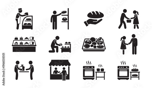 Bakery scene icons: serving and selling baked goods