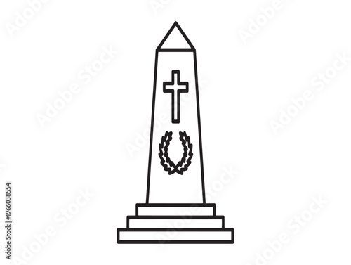 A simple line drawing of a monument with a cross and horseshoe
