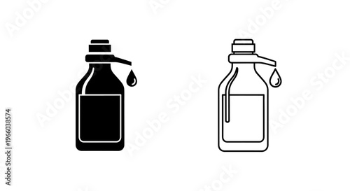 Two black and white illustrations of liquid dispensing bottles with droplets