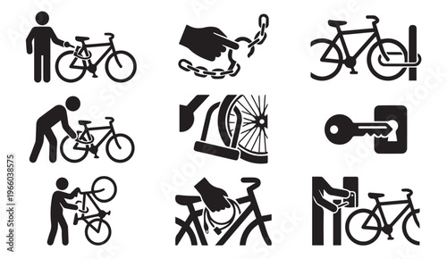 Bike security icons: locking, keys, and maintenance, bicycle lock, bike rack