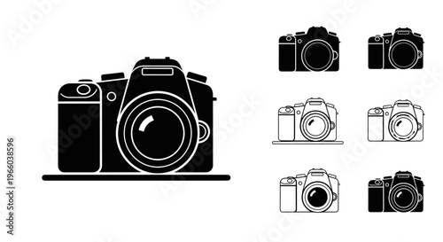 Black and white illustrations of various digital slr cameras