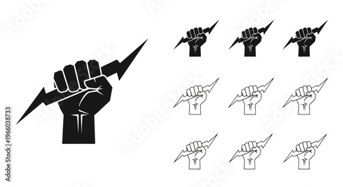 Raised fists with lightning bolts a black and white icon set