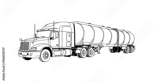 Line drawing of a large tanker truck with a cylindrical trailer