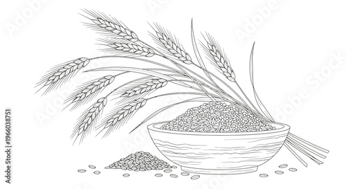 A detailed sketch of wheat stalks and grains in a rustic bowl