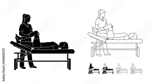 A physical therapist examines a patient s leg on a treatment table
