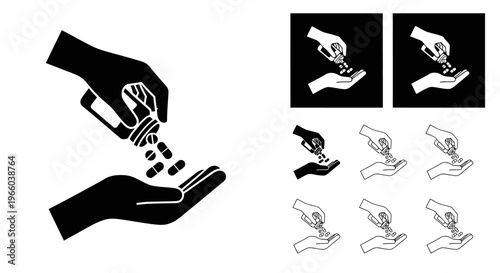 Hands dispensing pills a graphic illustration of medication and dosage