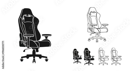 Black and white outline of gaming chairs in varying perspectives