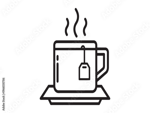 A simple line drawing of a steaming hot cup of tea with a tea bag