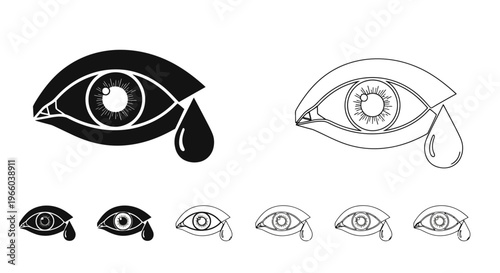Crying eye illustrations in black and white varying in detail and size