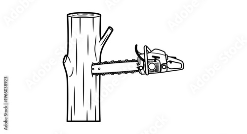 Chainsaw cutting through a tree trunk in a simple black and white illustration