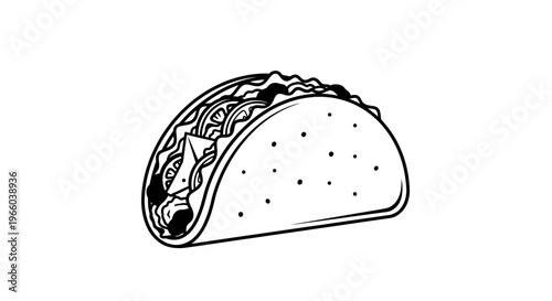 A simple black and white line drawing of a delicious taco