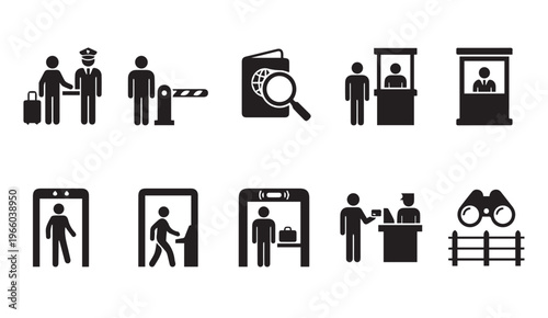 Border control and security icons: security check, passport, and entry