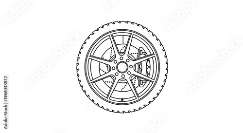 Line art illustration of a car wheel with tire and brake components