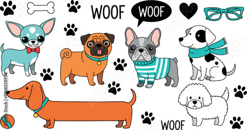 Cartoon Dog Set with Chihuahua, Pug, Dachshund, and Fun Accessories