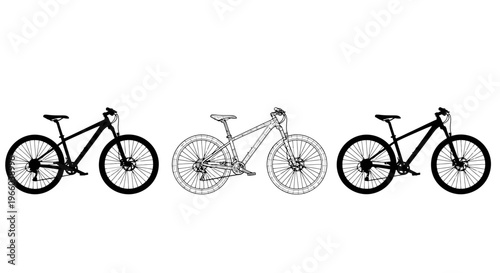 Three mountain bikes displayed in a minimalist black and white outline