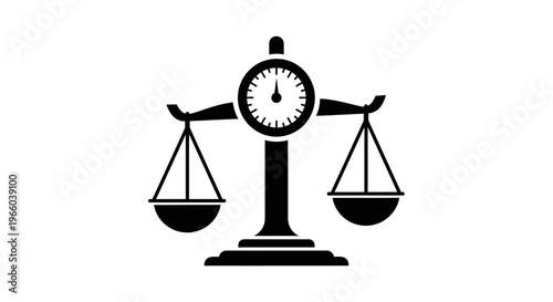 A black and white illustration of scales of justice with a clock face
