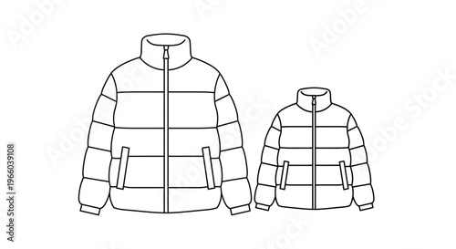Line drawing of two puffy winter jackets one large and one small