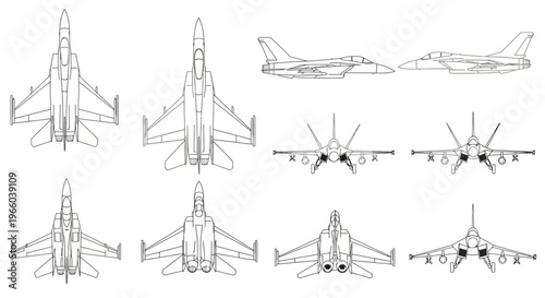 Technical drawings of an f a 18 hornet fighter jet from multiple angles