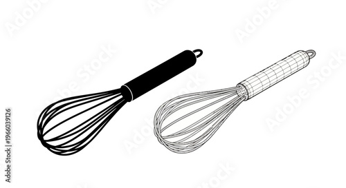 Two kitchen whisks presented in contrasting styles solid and wireframe