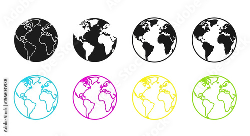 Multiple world globe icons in varying colors and styles