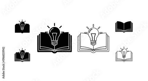 Black and white icons depicting books with lightbulbs illuminating knowledge