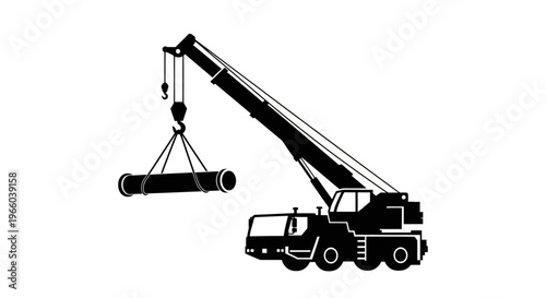 Black and white silhouette of a mobile crane lifting cylindrical objects