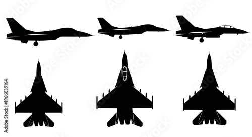 Silhouette views of fighter jets including top side and front perspectives