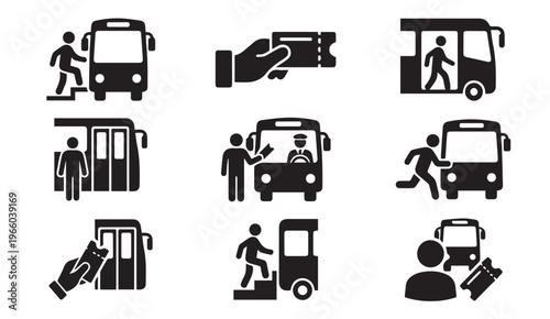 Bus icons: boarding, tickets, passengers, driver, public transport, getting on