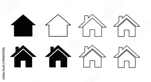 Simple house icons black and white outlines varying roof styles displayed