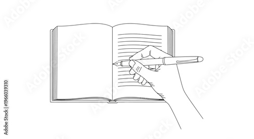 An open book with a hand writing in it using a fountain pen