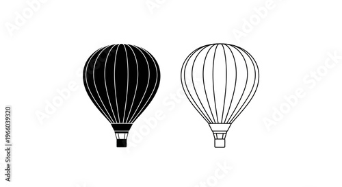 Two hot air balloons in contrasting black and white line art